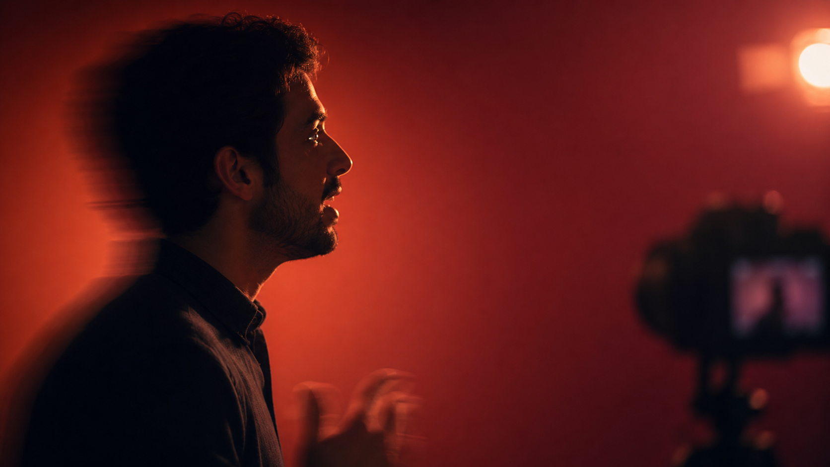 A creator recording a lesson in a warm red studio