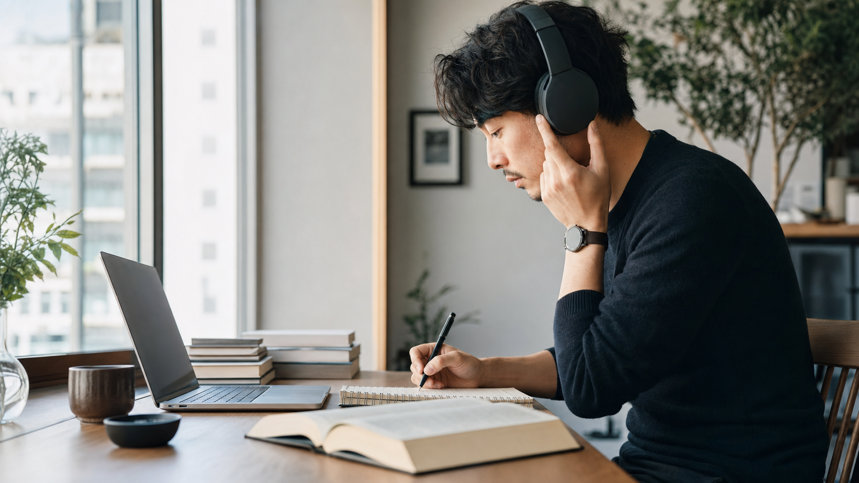 A learner using headphones while taking notes beside a laptop